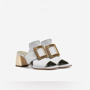White Buckle Block Heel Sandals